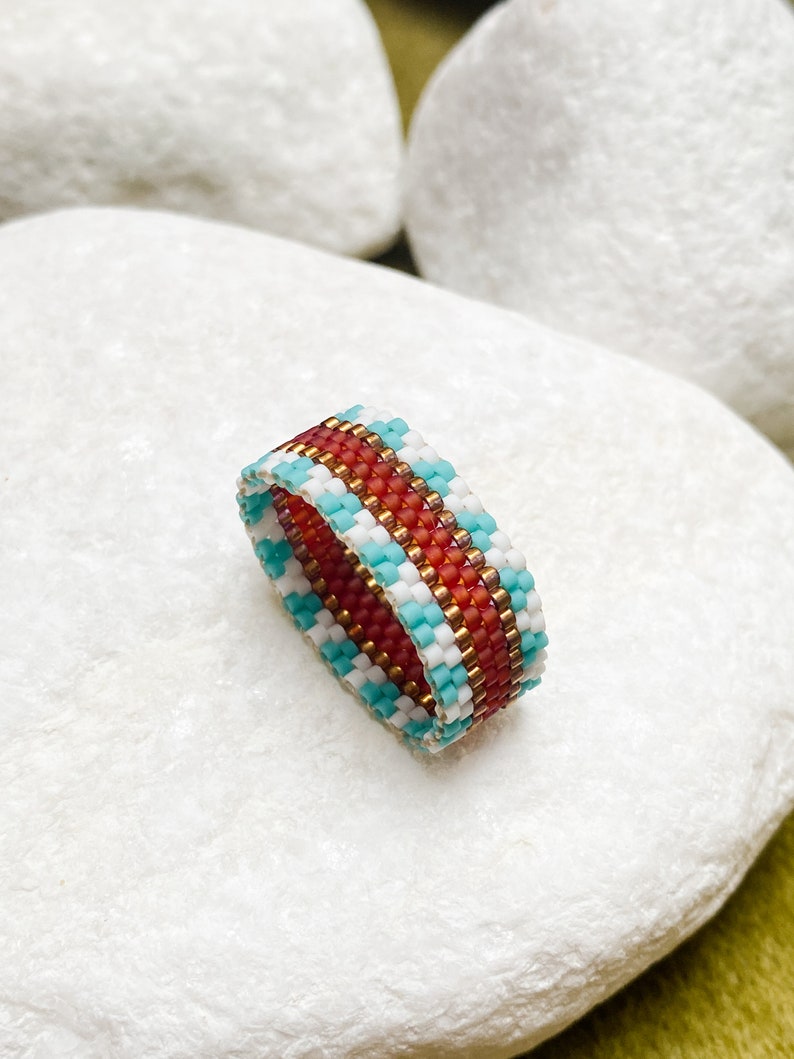 Handmade rings for women, Birthday jewelry gift for girlfriend, Thumb rings, Blue statement ring, Beaded wide band ring, Unique woven ring image 2