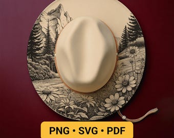 Design de pirografia para chapéu, gravação a laser em aba de chapéu com estampa de montanha de flores silvestres em SVG, arquivo SVG para gravação a laser de chapéu de flores - Download digital (SVG, PNG)