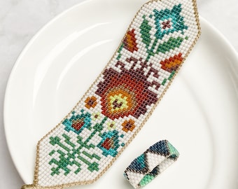 Handgemaakte sieraden - kralenarmband en ring, Boho geweven bloemenarmband, brede manchet voor dames, bloemenarmbandringset, ideeën voor verjaardagscadeaus