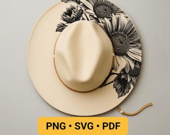 Design para gravação a laser em boné, estêncil para pirografia com girassóis, molde para pirografia em boné de aba larga, design floral, PRONTO PARA IMPRESSÃO