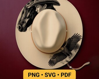 Hat Burning Pyrography Design, Horse and Cowgirl Laser Engraving Template for Wide Brim, Western Stencil Hat Burning Pattern