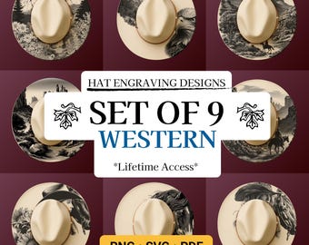 Set of 9 Hat Burning Design, Western Pyrography Stencil Hat Bundle, Laser Engraving Design, Hat Burning Stencil, Wide Brim Hat Burning Pack