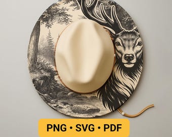 Deer in Forest Laser Engraving Design, Hat Burning Png for LightBurn + Pdf Template for Wide Brim, Wildlife Pyrography Stencil Hat