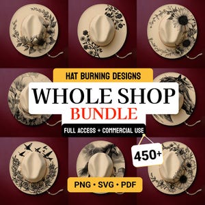 May include: A selection of beige hats featuring floral and animal illustrations, such as sunflowers, roses, and a horse. The image promotes a "Whole Shop Bundle" with over 450 designs, available in PNG, SVG, and PDF formats.