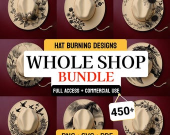 Hat Burning Design Whole ShopBundle - Más de 450 plantillas de pirograbado y archivos de grabado láser para sombreros de ala ancha (SVG, PNG, PDF)