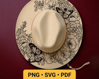 Flowers Hat Burning Design, Pyrography Stencil Hat, Laser Engraving Design, Cowgirl Hat Burning Pattern, Wide Brim Butterflies Template