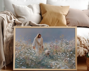 Jezus verlaat de 99 christelijke muurkunst afdrukbare, kunst The Lost Sheep, Jezus goede herder, geloofskunst, bijbelvers, digitale download