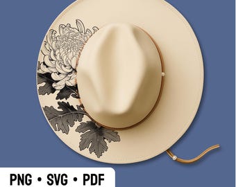 Diseño de grabado para sombrero, ARCHIVO DIGITAL, Plantilla para pirograbado de crisantemos en sombreros, Plantilla para pirograbado de sombreros de ala ancha, Diseño de pirograbado láser de flores