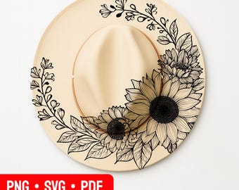 Diseño de sombrero de girasol para quemar, plantilla de pirograbado para sombrero, diseño de grabado láser, plantilla de sombrero de vaquera para quemar, plantilla de sombrero de ala ancha para quemar