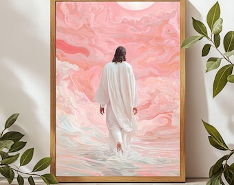 水上を歩くイエスの版画：キリスト教スケッチアート、聖書ギフト