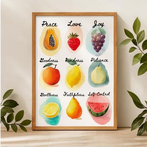 Impression fruit de l&#39;esprit, art mural chrétien coloré, décoration biblique moderne, oeuvre d&#39;art biblique tendance, affiche de fruits, estampes de Jésus, art biblique