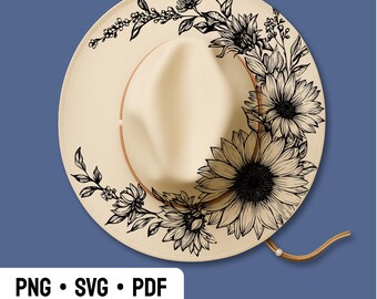 Hat Engraving Design, DIGITAL FILE, Sunflowers Hat Burning Stencil, Wide Brim Hat Burning Template,  Floral Laser Pyrography Design