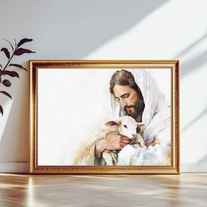 Jesus and Lamb Wall Art, Lost Sheep Christian Art, Good Shepherd Printable wall art, Painting Jesus Leaves the 99, Bible art, Jesus Art