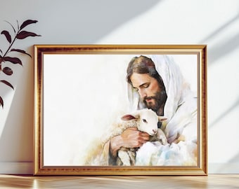 Jesus and Lamb Wall Art, Lost Sheep Christian Art, Good Shepherd Printable wall art, Painting Jesus Leaves the 99, Bible art, Jesus Art