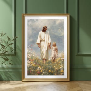 Jesus Painting, Girl Walking with Jesus Wall Art, LDS baptism Art, Jesus and Kids, Child of God, Jesus Portrait Print, Jesus Art Printable