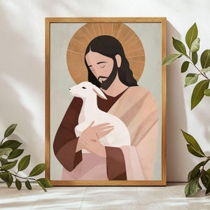 Jesus Holding Missing Lamb, Modern Christian, Parable of The Lost Sheep Printable, Jesus art, Christ wall art, Good Shepherd, Jesus Painting