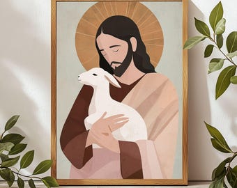 Jesus segurando o cordeiro perdido, cristão moderno, parábola da ovelha perdida para impressão, arte de Jesus, arte de parede de Cristo, bom pastor, pintura de Jesus