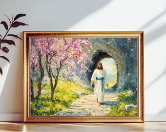 May include: A painting of a man in a white robe walking through a cave opening. The cave is surrounded by lush greenery and a pink flowering tree. The man is walking towards the light at the end of the cave.