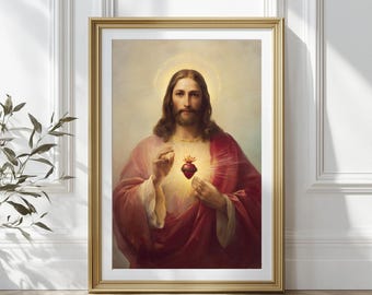 Sacred Heart of Jesus Poster, Catholic Wall Art for Prayer Room, Religious Gift, Christian Home Decor, Printable Jesus Portrait, Jesus Art