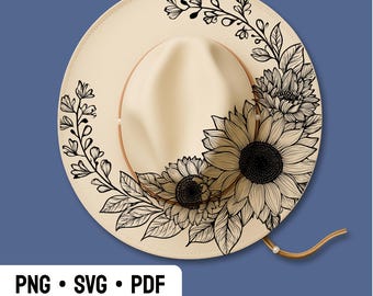 Hat Engraving Design, DIGITAL FILE, Sunflowers Hat Burning Stencil, Wide Brim Hat Burning Template,  Floral Laser Pyrography Design