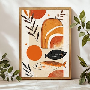 May include: Abstract art print featuring a stylized orange and white rock formation, two black and orange fish, and orange and white circles on a beige background.