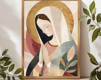 Puede incluir: Una ilustración digital de una mujer con un velo blanco y las manos juntas en oración. El fondo es un diseño abstracto colorido con tonos de rosa, azul y dorado.