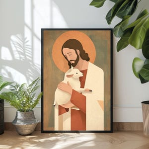 Jesus Holding Missing Lamb, Modern Christian, Parable of The Lost Sheep Printable, Jesus art, Christ wall art, Good Shepherd, Jesus Painting