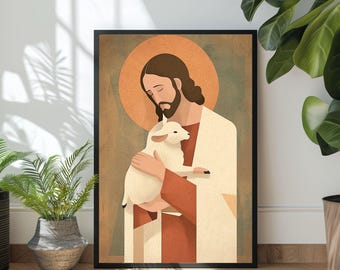 Jesus segurando o cordeiro perdido, cristão moderno, parábola da ovelha perdida para impressão, arte de Jesus, arte de parede de Cristo, bom pastor, pintura de Jesus