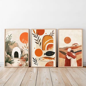 Set of 3 Jesus Prints, Jesus Feeds the 5000 Wall Art, Modern Christian Art, Boho Bible art, Jesus Wall Art Painting, Christian Printable