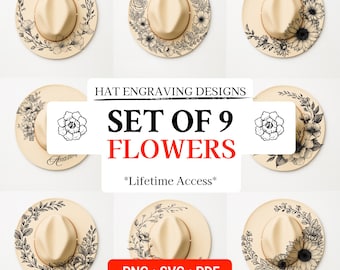 Juego de 9 diseños para quemar sombreros, plantilla de pirograbado floral para sombreros, diseño de grabado láser, plantilla para quemar sombreros, plantilla para quemar sombreros de ala ancha