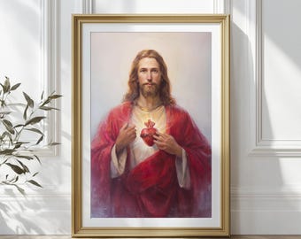 Sacred Heart of Jesus Poster, Catholic Wall Art for Prayer Room, Religious Gift, Christian Home Decor, Printable Jesus Portrait, Jesus Art