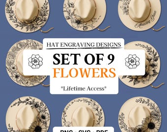 Set de 9 diseños para pirograbado de sombreros, plantilla de pirograbado floral para sombreros, diseño de grabado láser, plantilla para pirograbado de sombreros, plantilla para pirograbado de sombreros de ala ancha