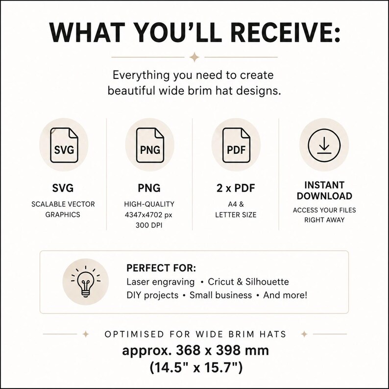 May include: An image detailing what is included for wide brim hat designs, with the text "WHAT YOU'LL RECEIVE:". It features SVG, PNG, and PDF files, and instant download access. The design is optimised for wide brim hats, measuring approx. 36.8 cm x 39.8 cm.