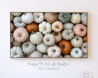 May include: A rectangular digital print featuring a dense arrangement of pumpkins in shades of white, cream, beige, orange, and muted green. The text below reads Frame TV Art 4K Quality 3840 x 2160 pixels, with a circular logo in the corner.
