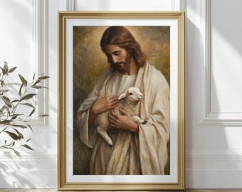 Jesus Leaves the 99 Oil Painting, Wall Art Printable, Jesus and Lamb, Christ the Shepherd wall art, Christian Art, Bible Verse Wall Art