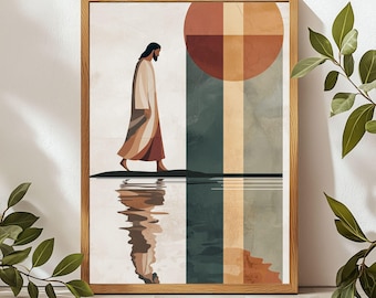 Trendig kristen väggkonst, Jesuskonst, Modern kristen, Jesus gående på vatten, kristen väggkonst, religiös målning, Jesus väggdekor