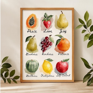 Art mural Fruit de l&#39;esprit, impression chrétienne rétro, affiche biblique, impression d&#39;art biblique, décoration de fruits Art mural chrétien coloré, décoration biblique