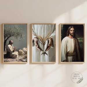 Set of 3 Jesus Prints, Jesus Feeds the 5000 wall art, Jesus Oil Painting, Jesus art, Bible Art Christian Printable, Jesus Portrait Wall Art