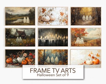Halloween Frame TV Art Set, Ghost in Wildflower Field, Vintage Fall Landscape Paintings, Halloween Spooky Arts, Samsung Frame TV Set