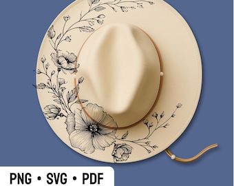 Hut Gravur Design, BEREIT ZUM DRUCK, Blumen Hut Brennende Schablone, Hut Brennende Vorlage mit Breiter Krempe, Natur und Florales Laser Pyrographie Design