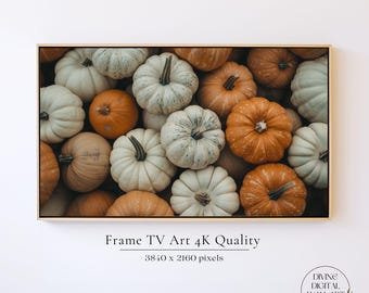 May include: A framed digital art print featuring a collection of pumpkins in shades of white, orange, and tan. The pumpkins are arranged closely together, creating a textured and autumnal aesthetic. The text "Frame TV Art 4K Quality" and the resolution are displayed at the bottom.