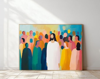Jésus enseignant l'art mural, impression numérique, art chrétien moderne, art mural verset de la Bible, Jésus nourrit 5000 art mural imprimable, art mural biblique