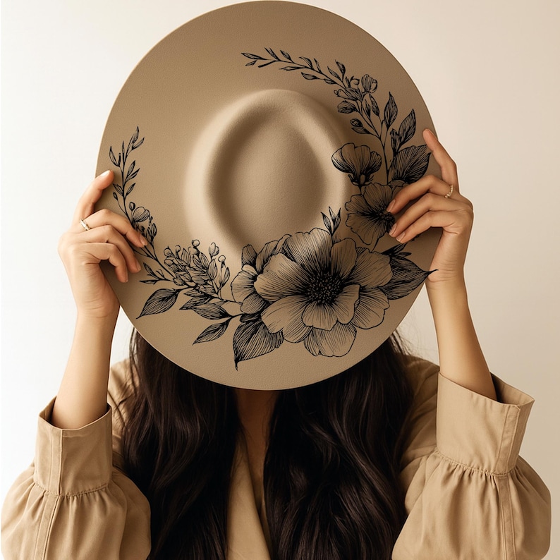 Set of 9 Hat Burning Design, Flower Pyrography Stencil Hat, Laser Engraving Design, Hat Burning Stencil, Wide Brim Hat Burning Template image 7