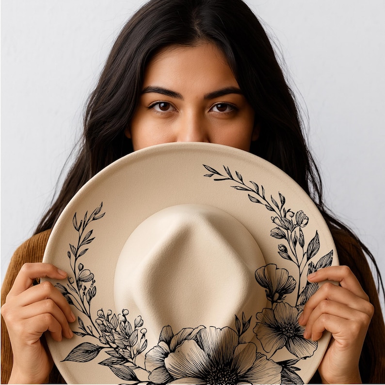 Set of 9 Hat Burning Design, Flower Pyrography Stencil Hat, Laser Engraving Design, Hat Burning Stencil, Wide Brim Hat Burning Template image 4