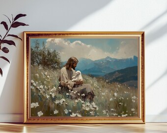 Jesus Leaves the 99 Wall Art, Christ the Shepherd Printable wall art, Christian Art, Bible art, Jesus Oil Painting, Bible Verse Wall Art