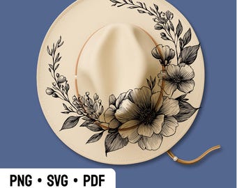 Hut Gravur Design, BEREIT ZUM DRUCK, Blumen Hut Brennende Schablone, Hut Brennende Vorlage mit Breiter Krempe, Natur und Florales Laser Pyrographie Design