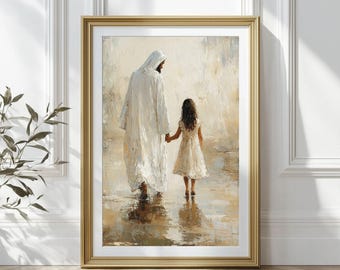 Jesus Walking with Girl Wall Art, DIGITAL PRINT, Christian Wall Art, Jesus Painting Printable Art, Jesus Wall Art, Faith Wall Art Print