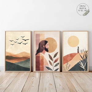 Set of 3 Bible Verse, Jesus Prints Bundle, Jesus Portrait Wall Art, Modern Christian Art Prints, Boho Bible art, Jesus Wall Art Painting