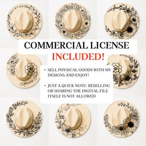 Set of 9 Hat Burning Design, Flower Pyrography Stencil Hat, Laser Engraving Design, Hat Burning Stencil, Wide Brim Hat Burning Template image 2