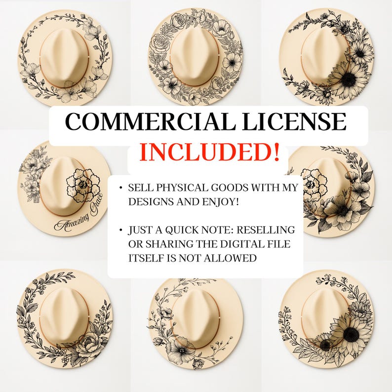 Set of 9 Hat Burning Design, Flower Pyrography Stencil Hat, Laser Engraving Design, Hat Burning Stencil, Wide Brim Hat Burning Template image 2